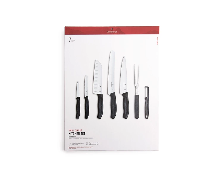 Zestaw 6 noży kuchennych, widelca i obieraczki Victorinox 6.7133.71G czarny
